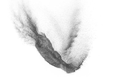 Siyah parçacıklar beyaz zemin üzerinde izole edildi. Soyut toz tabakası dokusu.