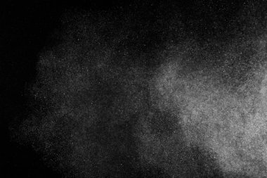 Siyah zemin üzerindeki beyaz parçacıkların hareketlerini dondur. Barut patlaması. Soyut toz tabakası dokusu.