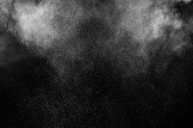 Siyah zemin üzerindeki beyaz parçacıkların hareketlerini dondur. Barut patlaması. Soyut toz tabakası dokusu.
