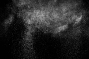 Siyah zemin üzerindeki beyaz parçacıkların hareketlerini dondur. Barut patlaması. Soyut toz tabakası dokusu.