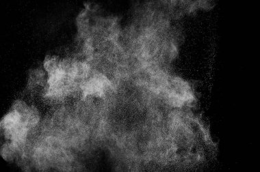 Siyah zemin üzerindeki beyaz parçacıkların hareketlerini dondur. Barut patlaması. Soyut toz tabakası dokusu.