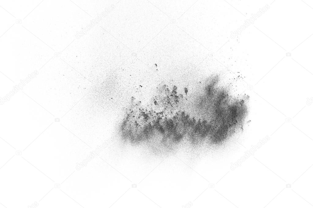 Black particles explosion isolated on white background.  Abstract dust overlay texture.