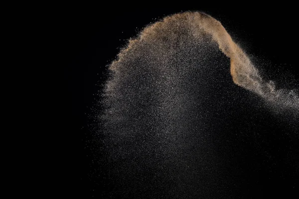 Esplosione Sabbia Isolata Sfondo Nero Particelle Astratte Nubi Elemento Texture — Foto Stock