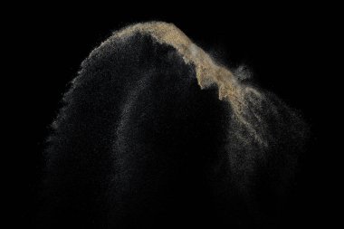 Siyah arka plan üzerine izole Sandy patlama. Soyut parçacıklar bulut. Doku eleman tasarımı için.