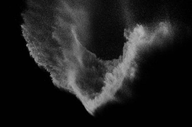 Siyah zemin üzerindeki beyaz parçacıkların hareketlerini dondur. Barut patlaması. Soyut toz tabakası dokusu.