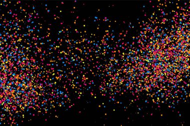 Renkli patlama konfeti. Siyah arka plan üzerine izole grenli soyut çok renkli doku. Düz tasarım öğesi. Vektör çizim, eps 10.