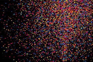 Renkli patlama konfeti. Siyah arka plan üzerine izole grenli soyut çok renkli doku. Düz tasarım öğesi. Vektör çizim, eps 10.