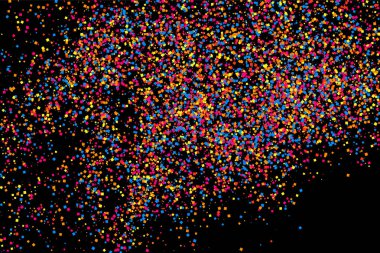 Renkli patlama konfeti. Siyah arka plan üzerine izole grenli soyut çok renkli doku. Düz tasarım öğesi. Vektör çizim, eps 10.