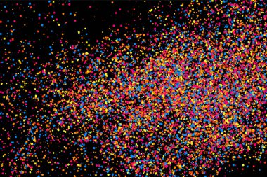 Renkli patlama konfeti. Siyah arka plan üzerine izole grenli soyut çok renkli doku. Düz tasarım öğesi. Vektör çizim, eps 10.