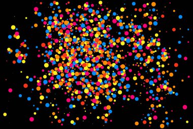 Renkli patlama konfeti. Siyah arka plan üzerine izole grenli soyut çok renkli doku. Düz tasarım öğesi. Vektör çizim, eps 10.