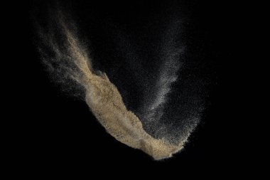 Siyah arka plan üzerine izole Sandy patlama. Soyut parçacıklar bulut. Doku eleman tasarımı için.