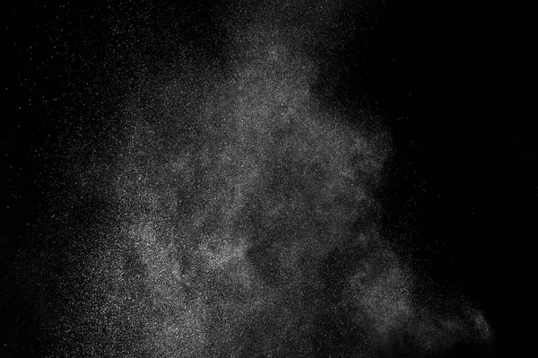Замораживание Движения Белых Частиц Черном Фоне Взрыв Порошка Абстрактная Пылевая — стоковое фото