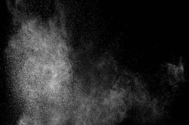 Siyah zemin üzerindeki beyaz parçacıkların hareketlerini dondur. Barut patlaması. Soyut toz tabakası dokusu.