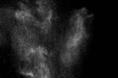 Siyah zemin üzerindeki beyaz parçacıkların hareketlerini dondur. Barut patlaması. Soyut toz tabakası dokusu.