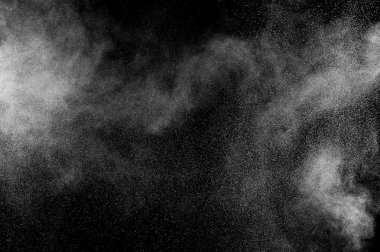 Siyah zemin üzerindeki beyaz parçacıkların hareketlerini dondur. Barut patlaması. Soyut toz tabakası dokusu.