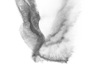 Siyah parçacıklar beyaz zemin üzerinde izole edildi. Soyut toz tabakası dokusu.