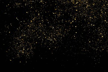 Altın Glitter doku siyah izole. Amber parçacıklar renk. Kutlama arka plan. Altın patlama konfeti. Tasarım öğesi. Dijital olarak oluşturulan görüntü. Vektör çizim, Eps 10.