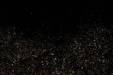 Altın Glitter doku siyah izole. Amber parçacıklar renk. Kutlama arka plan. Altın patlama konfeti. Tasarım öğesi. Dijital olarak oluşturulan görüntü. Vektör çizim, Eps 10.