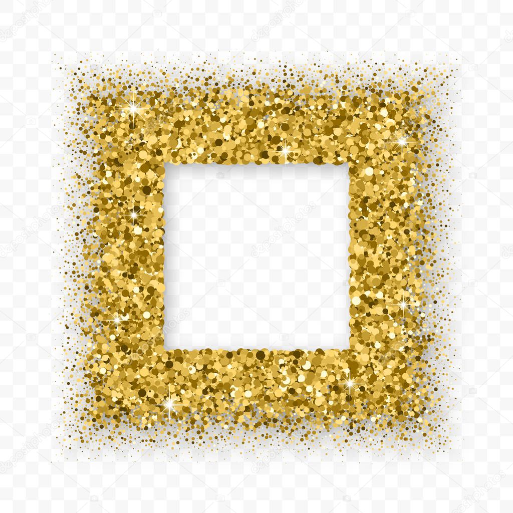 Gold Glitter Frame With Bland Shadows Isolated On Transparent  Background. Abstract Shiny Texture Squares Border. Golden Explosion Of Confetti. Vector Illustration, Eps 10.