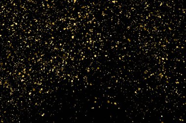 Altın Glitter doku siyah izole. Amber parçacıklar renk. Kutlama arka plan. Altın patlama konfeti. Tasarım öğesi. Dijital olarak oluşturulan görüntü. Vektör çizim, Eps 10.