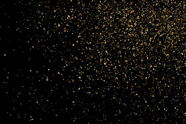 Altın Glitter doku siyah izole. Amber parçacıklar renk. Kutlama arka plan. Altın patlama konfeti. Tasarım öğesi. Dijital olarak oluşturulan görüntü. Vektör çizim, Eps 10.