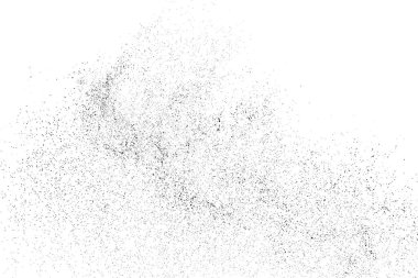 Sıkıntılı siyah doku. Beyaz arka planda koyu kumlu bir doku. Toz tabakası desenli. Tahıl gürültüsü partikülleri. Paslanmış beyaz efekt. Grunge tasarım elementleri. Vektör illüstrasyonu, EPS 10.