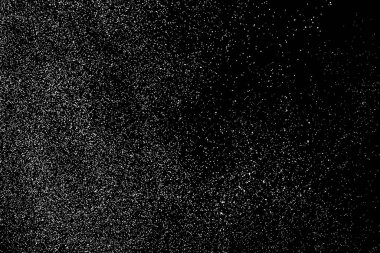 Sıkıntılı beyaz kumlu doku. Toz tabakası desenli. Tahıl gürültüsü partikülleri. Kar efektleri paketi. Paslı siyah arka plan. Vektör illüstrasyonu, EPS 10.  