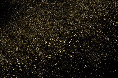 Altın Glitter doku siyah izole. Amber parçacıklar renk. Kutlama arka plan. Altın patlama konfeti. Tasarım öğesi. Dijital olarak oluşturulan görüntü. Vektör çizim, Eps 10.