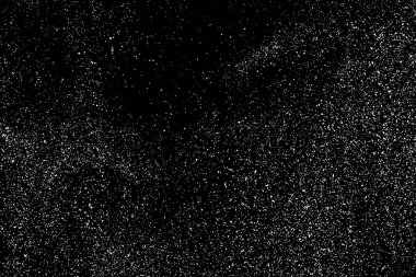 Sıkıntılı beyaz kumlu doku. Toz tabakası desenli. Tahıl gürültüsü partikülleri. Kar efektleri paketi. Paslı siyah arka plan. Vektör illüstrasyonu, EPS 10.  