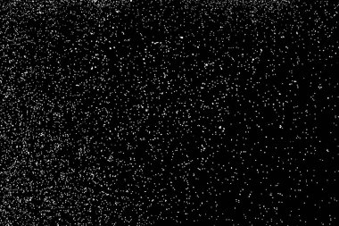 Sıkıntılı beyaz kumlu doku. Toz tabakası desenli. Tahıl gürültüsü partikülleri. Kar efektleri paketi. Paslı siyah arka plan. Vektör illüstrasyonu, EPS 10.  