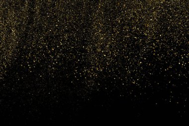 Altın Glitter doku siyah izole. Amber parçacıklar renk. Kutlama arka plan. Altın patlama konfeti. Tasarım öğesi. Dijital olarak oluşturulan görüntü. Vektör çizim, Eps 10.