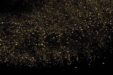 Altın Glitter doku siyah izole. Amber parçacıklar renk. Kutlama arka plan. Altın patlama konfeti. Tasarım öğesi. Dijital olarak oluşturulan görüntü. Vektör çizim, Eps 10.
