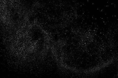 Sıkıntılı beyaz kumlu doku. Toz tabakası desenli. Tahıl gürültüsü partikülleri. Kar efektleri paketi. Paslı siyah arka plan. Vektör illüstrasyonu, EPS 10.  