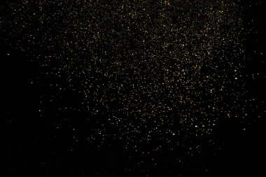 Siyah Arkaplan 'da izole edilmiş altın parıltılı doku. Altın yıldız tozu. Amber Parçacık Rengi. Parıltı Yağmuru. Vektör İllüstrasyonu, Eps 10.