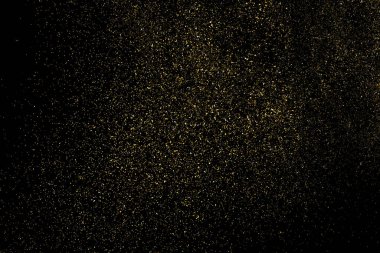 Siyah Arkaplan 'da izole edilmiş altın parıltılı doku. Altın yıldız tozu. Amber Parçacık Rengi. Parıltı Yağmuru. Vektör İllüstrasyonu, Eps 10.