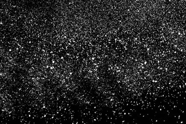 Sıkıntılı beyaz kumlu doku. Toz tabakası desenli. Tahıl gürültüsü partikülleri. Kar efektleri paketi. Paslı siyah arka plan. Vektör illüstrasyonu, EPS 10.  