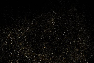 Siyah Arkaplan 'da izole edilmiş altın parıltılı doku. Altın yıldız tozu. Amber Parçacık Rengi. Parıltı Yağmuru. Vektör İllüstrasyonu, Eps 10.