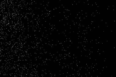 Sıkıntılı beyaz kumlu doku. Toz tabakası desenli. Tahıl gürültüsü partikülleri. Kar efektleri paketi. Paslı siyah arka plan. Vektör illüstrasyonu, EPS 10.  