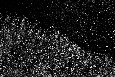 Sıkıntılı beyaz kumlu doku. Toz tabakası desenli. Tahıl gürültüsü partikülleri. Kar efektleri paketi. Paslı siyah arka plan. Vektör illüstrasyonu, EPS 10.  