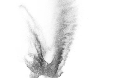 Siyah parçacıklar beyaz zemin üzerinde izole edildi. Soyut toz tabakası dokusu.