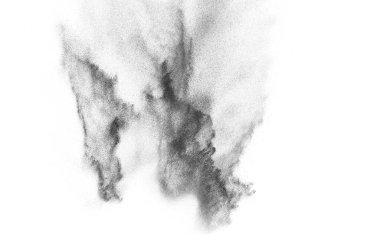 Siyah parçacıklar beyaz zemin üzerinde izole edildi. Soyut toz tabakası dokusu.