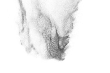 Siyah parçacıklar beyaz zemin üzerinde izole edildi. Soyut toz tabakası dokusu.