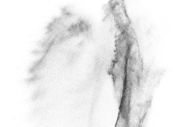 Siyah parçacıklar beyaz zemin üzerinde izole edildi. Soyut toz tabakası dokusu.