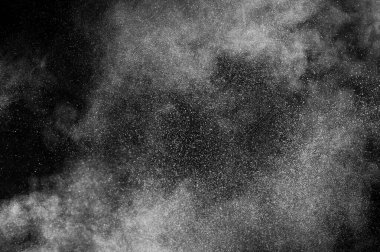 Siyah zemin üzerindeki beyaz parçacıkların hareketlerini dondur. Barut patlaması. Soyut toz tabakası dokusu. 