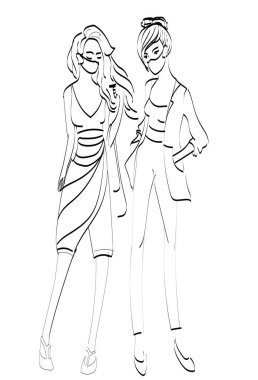 Koruyucu maskeli moda. Salgın. Corona virüsü. Covid 19. Faz kaplamaları gerekli. Beyaz arkaplanda siyah-beyaz siluet.