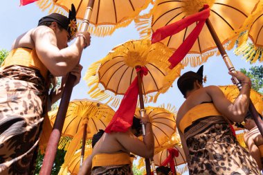 Denpasar/Endonezya-15 Haziran 2019: Tapınak festivali sırasında Hindu tören geçit töreninde geleneksel renkli şemsiyeler ile etnik kostümlü Balili dansçı grubu. Bali halkı kültürü