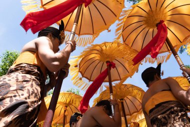 Denpasar/Endonezya-15 Haziran 2019: Tapınak festivali sırasında Hindu tören geçit töreninde geleneksel renkli şemsiyeler ile etnik kostümlü Balili dansçı grubu. Bali halkı kültürü