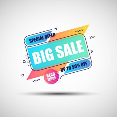 Modern geometrik degrade satışı büyük başlığı. Grafik ve web tasarım için farklı basit şekiller soyut renkli büyük satışı büyük başlığı vektör çizim yapılmış