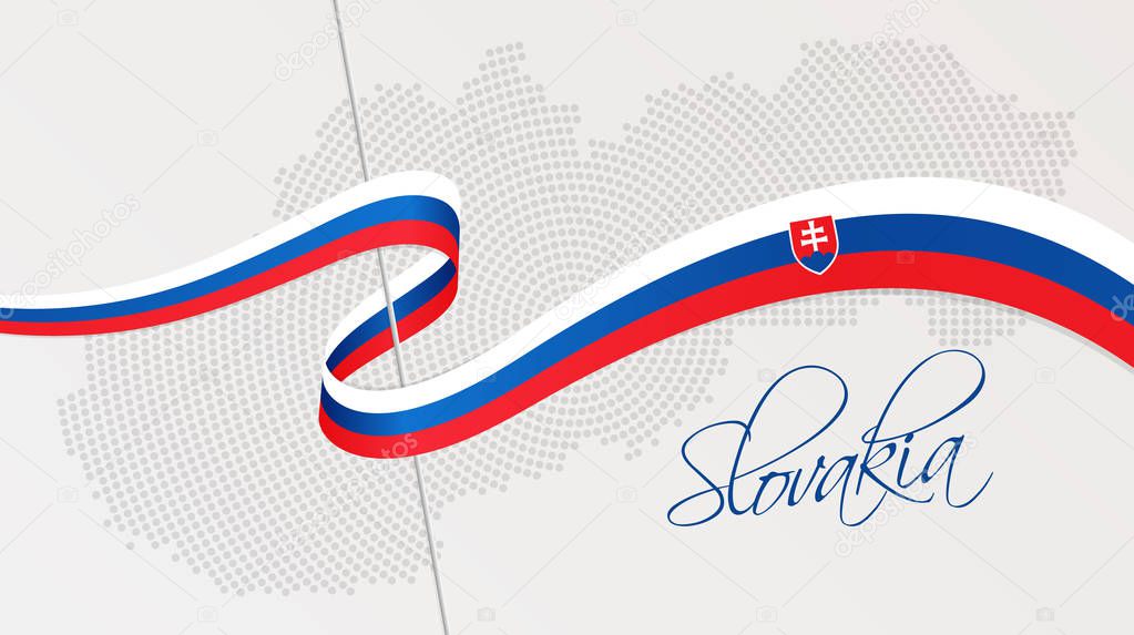 Vector illustration of abstract radial dotted halftone map of Slovakia and wavy ribbon with Slovakian national flag colors for your graphic and web design