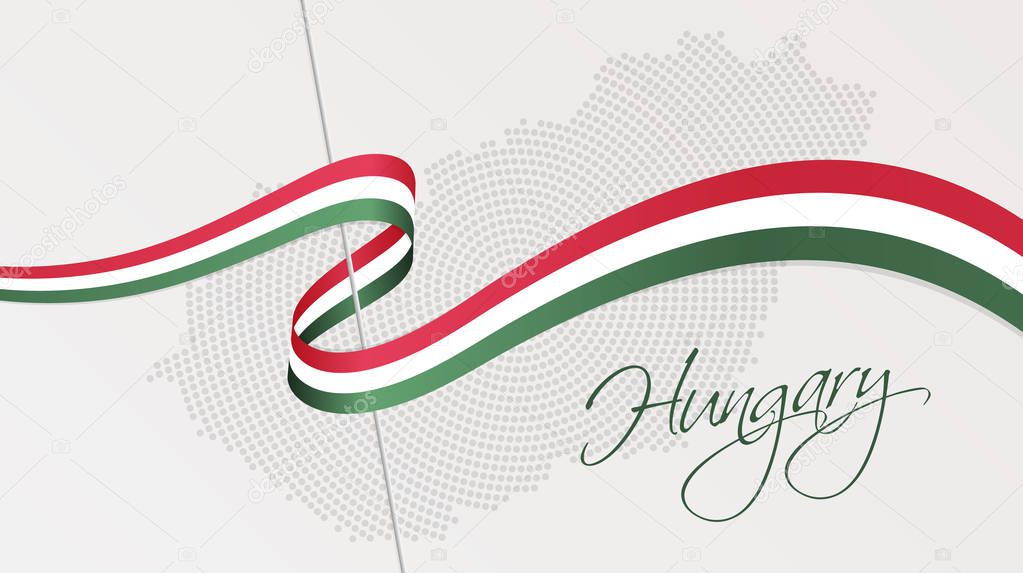Vector illustration of abstract radial dotted halftone map of Hungary and wavy ribbon with Hungarian national flag colors for your graphic and web desig